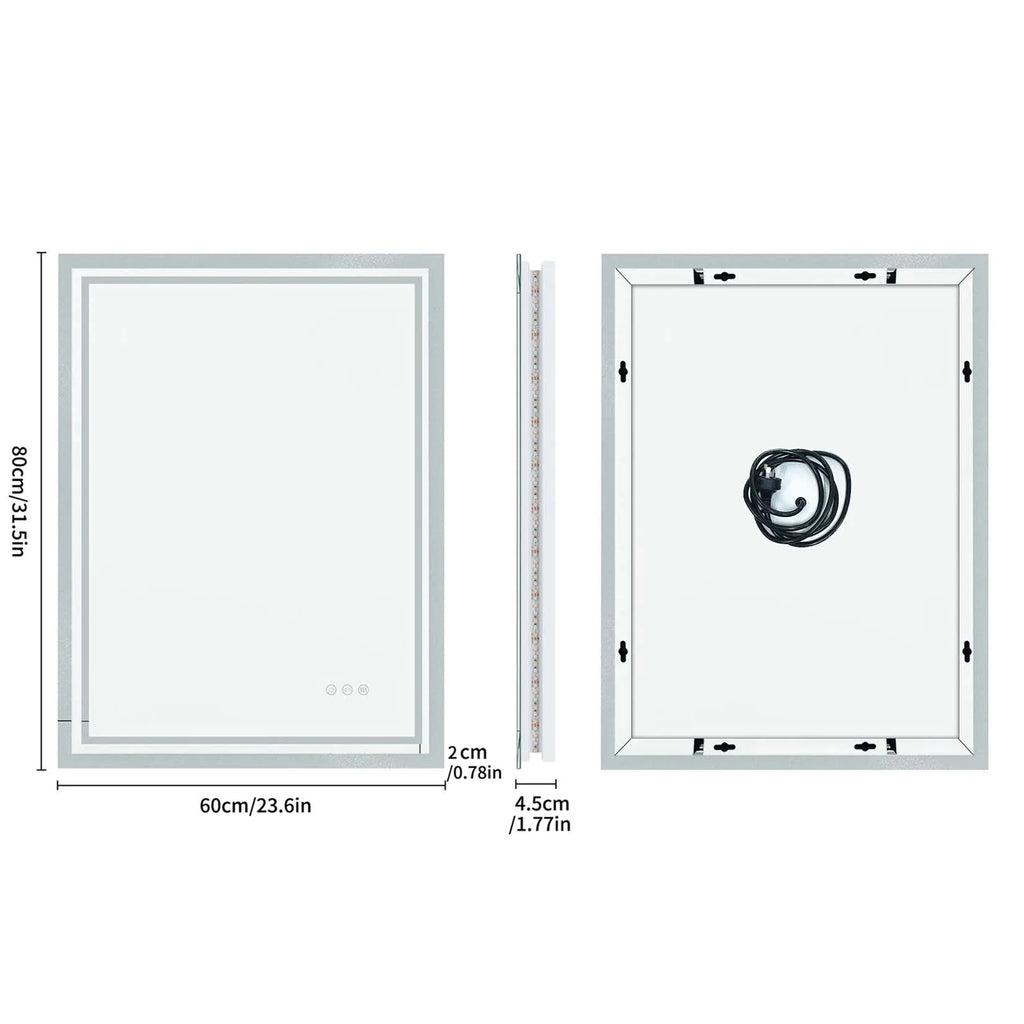 LED Light Bathroom Mirror Illuminated Wall Mounted Vanity Makeup Anti-Fog Rectangle 3 Colors Touch Light