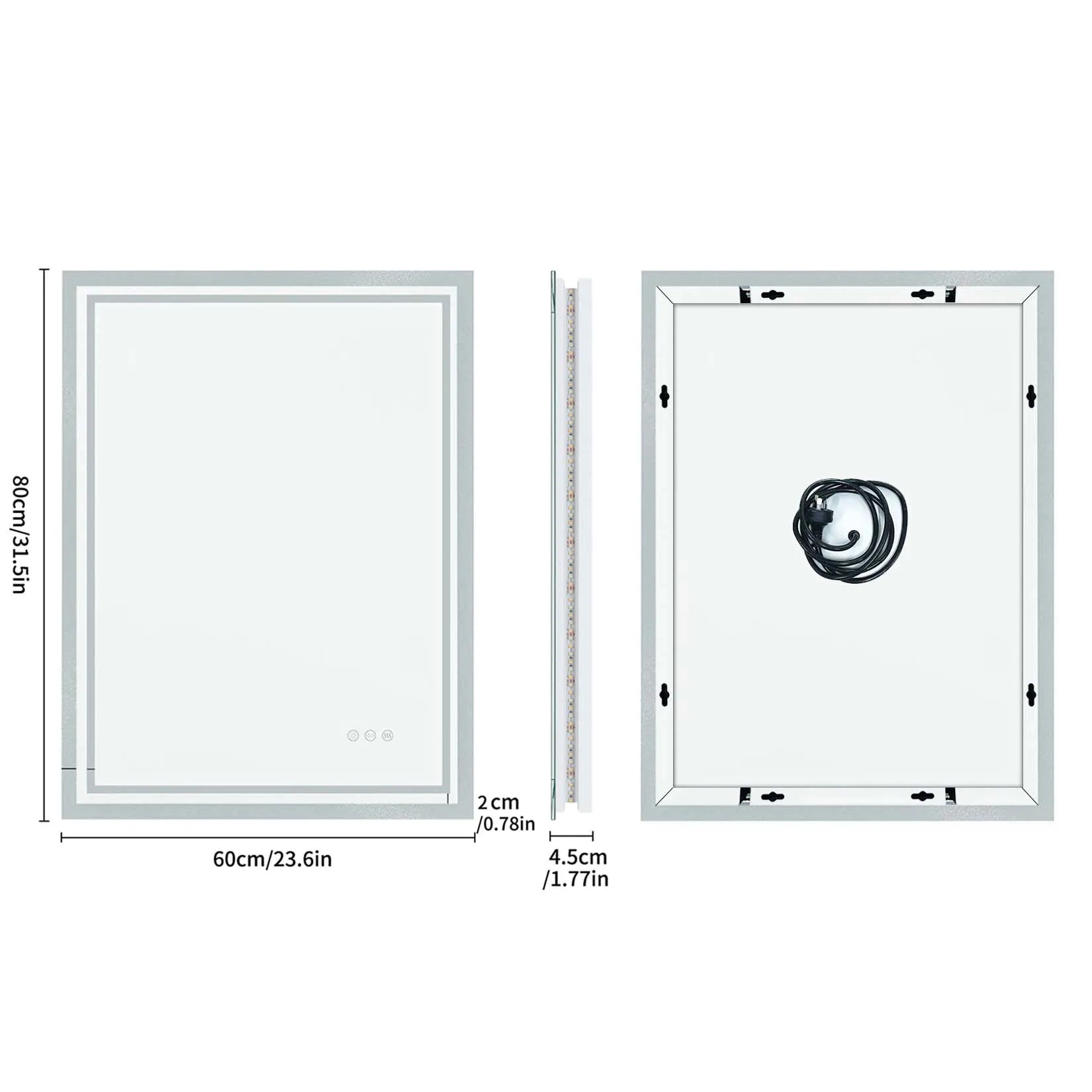 LED Light Bathroom Mirror Illuminated Wall Mounted Vanity Makeup Anti-Fog Rectangle 3 Colors Touch Light
