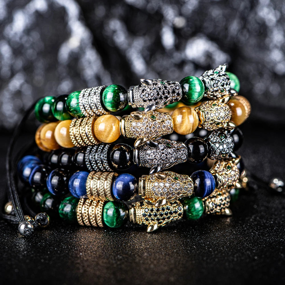 New Trend Double Leopard head Handmade tiger's-eye Bracelets  Accessories Handmade Men's Jewelry Pulseras homme