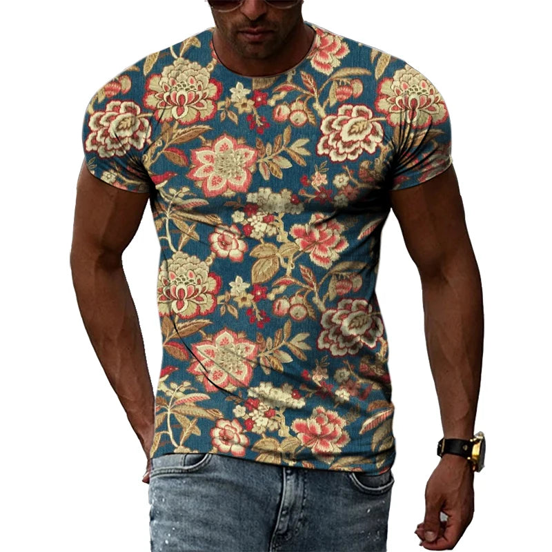 Summer New Men's Floral Pattern 3D T-shirt Street Hip Hop Personality Print Tops Trendy Fashion Round Neck Short Sleeve Clothing