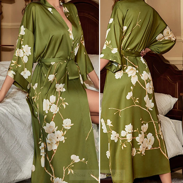 Spring Summer Female Sleepwear Long Robe Print Flower Kimono Bathrobe Gown Night Dress Casual Silk Satin Women's Home Clothing