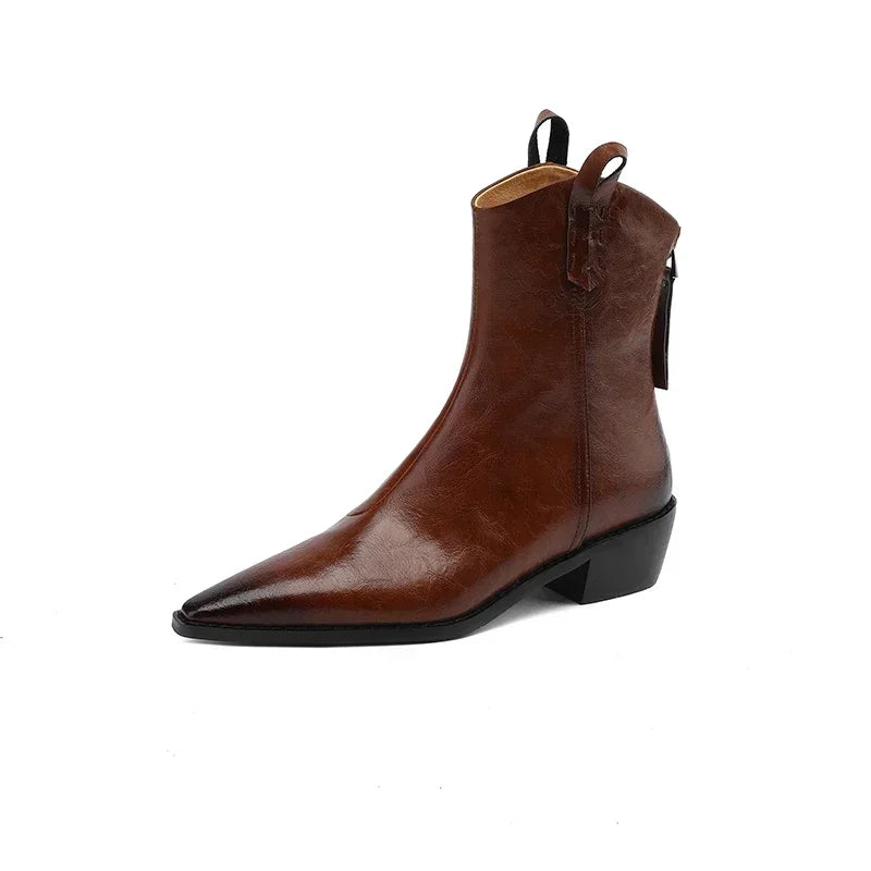 2026 Autumn/winter Women Boots Genuine Leather Western Boots Women Shoes Pointed Toe Chunky Heel Chelsea Boots Retro Ankle Boots