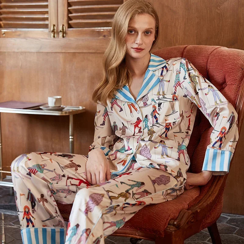 Spring and Summer 2023 New Ice Silk Pajamas Women's Long-sleeved Silk Lapel Home Suit Fashionable Ins Style