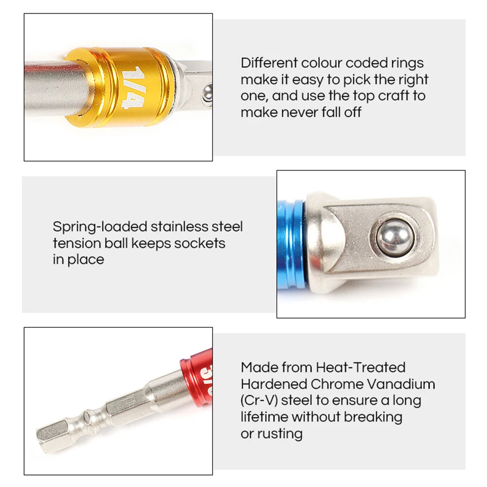 Hex Shank Drill Socket Adapter Set For Impact Driver - Square Socket Drill Bits Bar Extension, 1/4", 3/8", 1/2 Inch