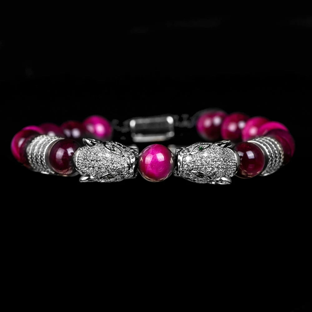 New Trend Double Leopard head Handmade tiger's-eye Bracelets  Accessories Handmade Men's Jewelry Pulseras homme