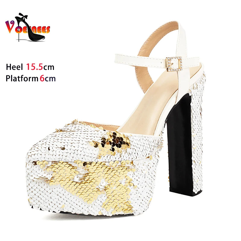 Bling Sequin Sandals Women Stage Show Buckle Strap High Heels Summer Thick Platform Ladies Shoes Nightclub Sandalias De Mujer