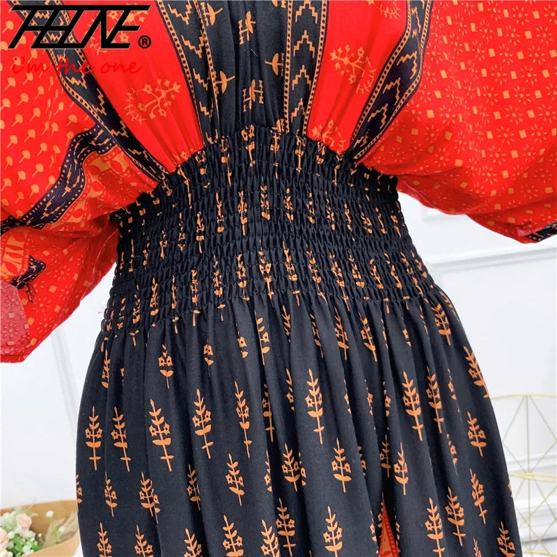 Vestidos Para Mujer Rope Robe Dress Women Casual Elegant Retro Bohemian V Neck Boho Korean Printed Summer Long Dresses Clothes