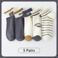 5 Pairs of Men's Spring Autumn Season Letter Slogan Number Stripe Fashion Versatile College Style Summer Breathable Short Socks