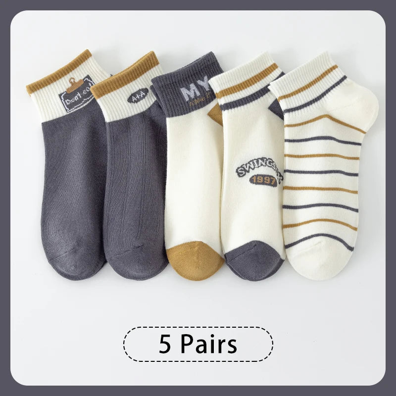 5 Pairs of Men's Spring Autumn Season Letter Slogan Number Stripe Fashion Versatile College Style Summer Breathable Short Socks