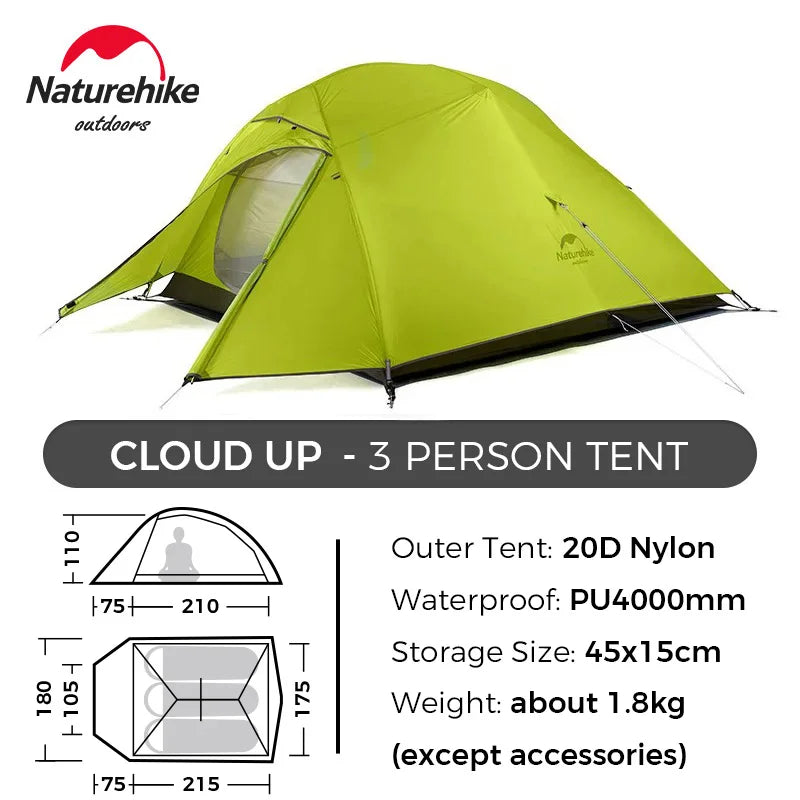 Naturehike Cloud Up 3 Person Ultralight Tent Waterproof Outdoor Hiking Cycling Backpacking Tent 20D Beach Camping Tents with Mat