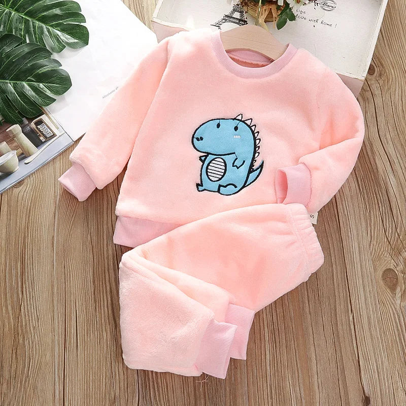 Baby Flannel Home Wear Set Infant Toddler Pajamas Boys Girls Thicken Coral Velvet Cartoon Pattern Top +Pants Two-piece Suit