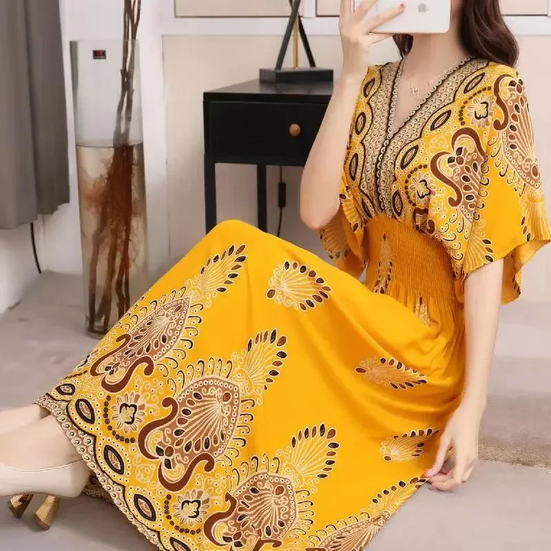 Vestidos Para Mujer Rope Robe Dress Women Casual Elegant Retro Bohemian V Neck Boho Korean Printed Summer Long Dresses Clothes