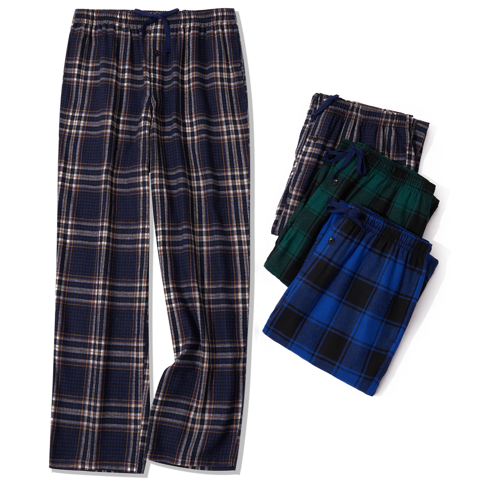 JupiterSecret 3pcs Men's Pajama Pants Autumn/Winter Flannel Cotton Plaid Sleep & Lounge PJ Bottoms with Pockets and Button Fly