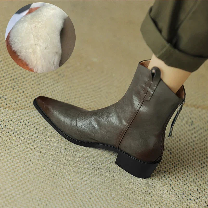 2026 Autumn/winter Women Boots Genuine Leather Western Boots Women Shoes Pointed Toe Chunky Heel Chelsea Boots Retro Ankle Boots