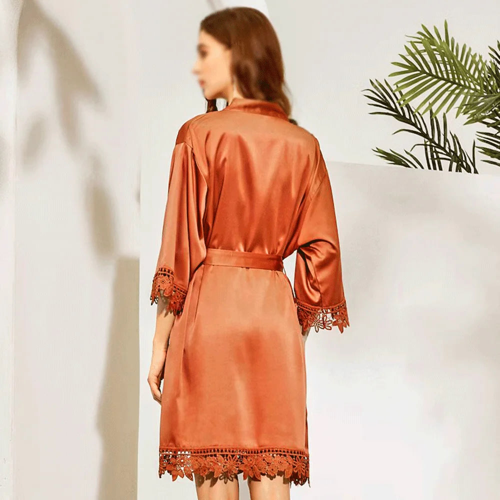 Kimono 8 Colors of Robes with Lace Cuffs and Hem Women's Nightgown Popular Pure Bathrobe Wedding Kimonos Short Soft Silky Lounge