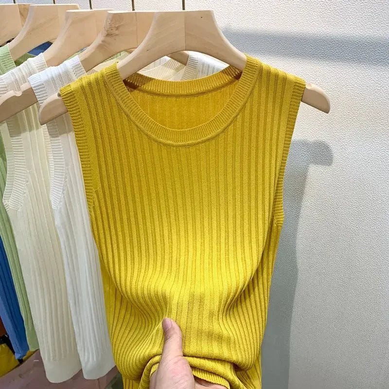 Summer 2026 New Fashion Knitted Vests O-neck Sleeveless Casual Thin Tops Sleeveless Blouse Women Shirt ﻿