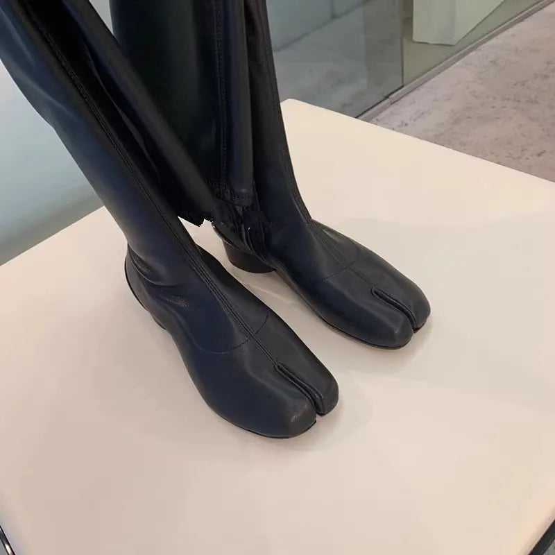 Black Thick-heeled slim tabi boots autumn and winter new split-toe boots over-the-knee boots low-heeled long knight boots