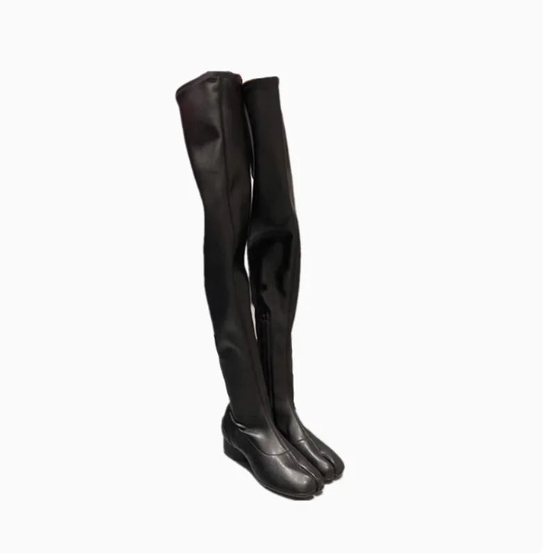 Black Thick-heeled slim tabi boots autumn and winter new split-toe boots over-the-knee boots low-heeled long knight boots