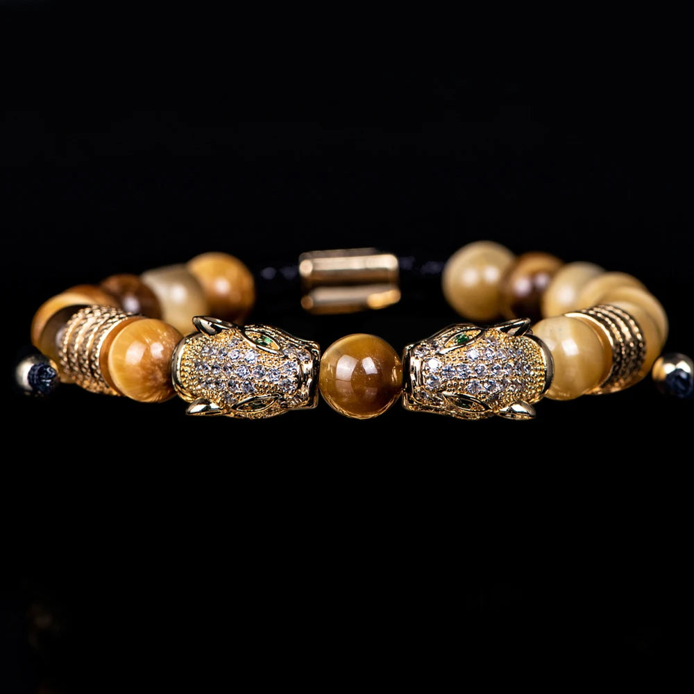 New Trend Double Leopard head Handmade tiger's-eye Bracelets  Accessories Handmade Men's Jewelry Pulseras homme