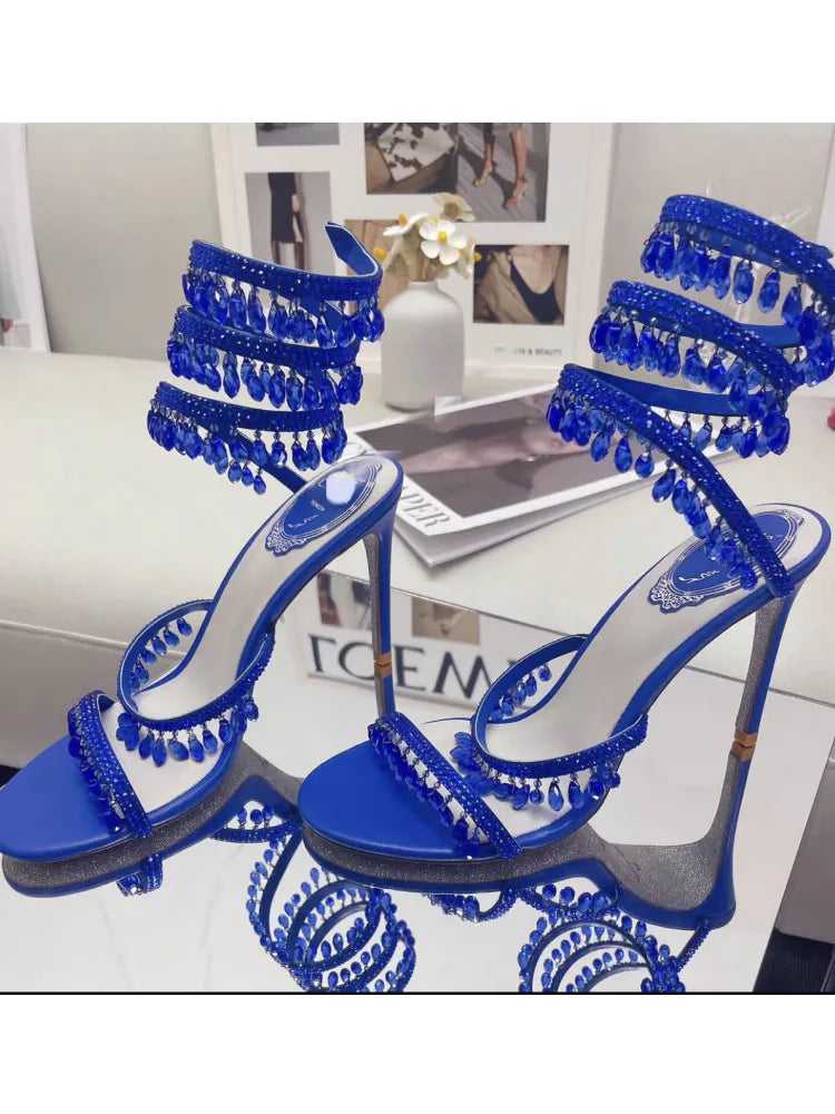 2025 Summer New Colored Diamond Women's High Heel Sandals Water Diamond Fashion Silver Sole Party Party Party High Heel Shoes
