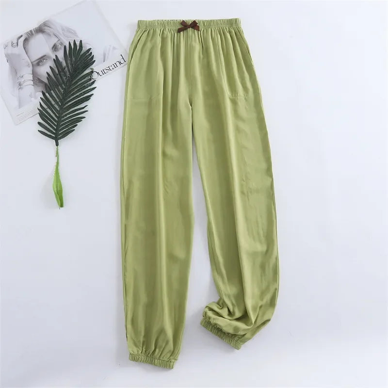 Spring and summer new women's trousers 100% viscose leg + straight casual breathable comfortable plus size home sleep pants cute