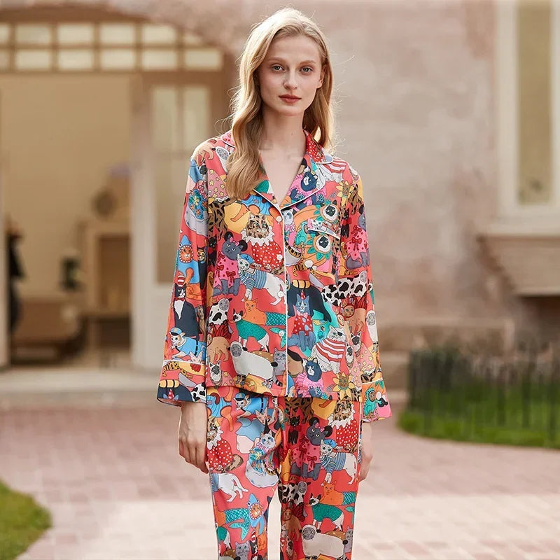 Spring and Summer 2023 New Ice Silk Pajamas Women's Long-sleeved Silk Lapel Home Suit Fashionable Ins Style
