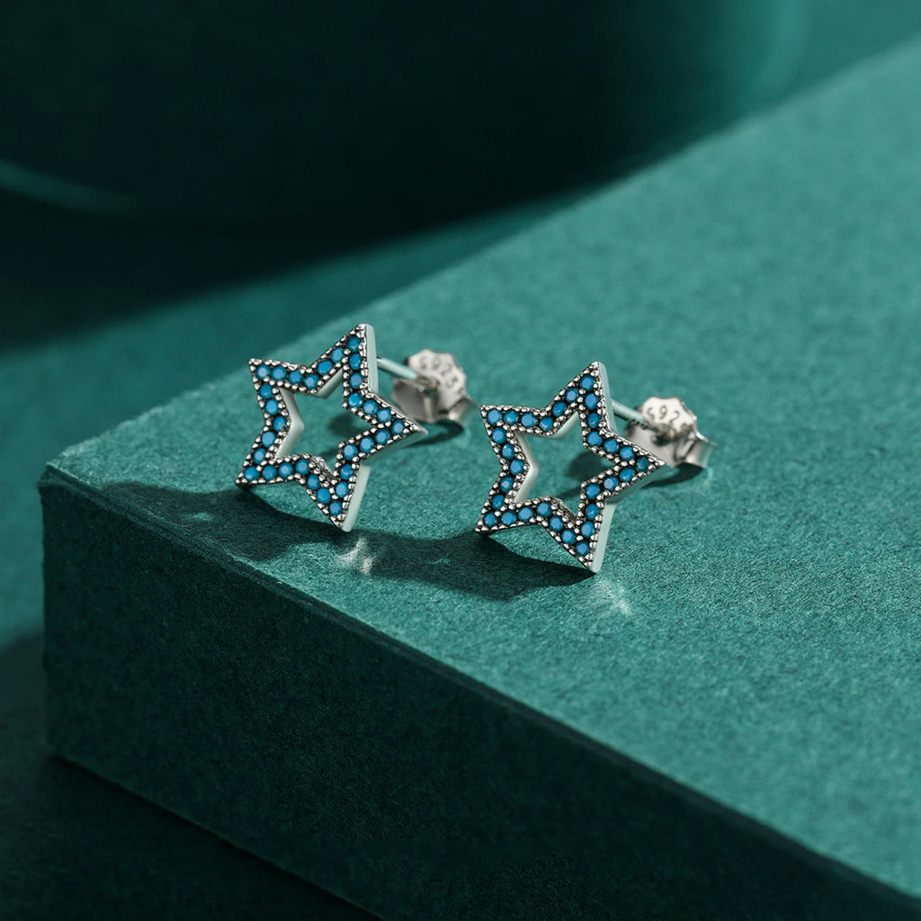 MODIAN New 925 Sterling Silver Vintage Stars Turquoise Ear Studs Fashion Hollow Out Charm Female Stud Earrings For Women Jewelry
