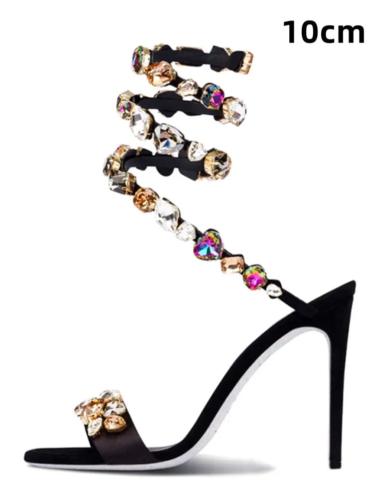 2025 Summer New Colored Diamond Women's High Heel Sandals Water Diamond Fashion Silver Sole Party Party Party High Heel Shoes