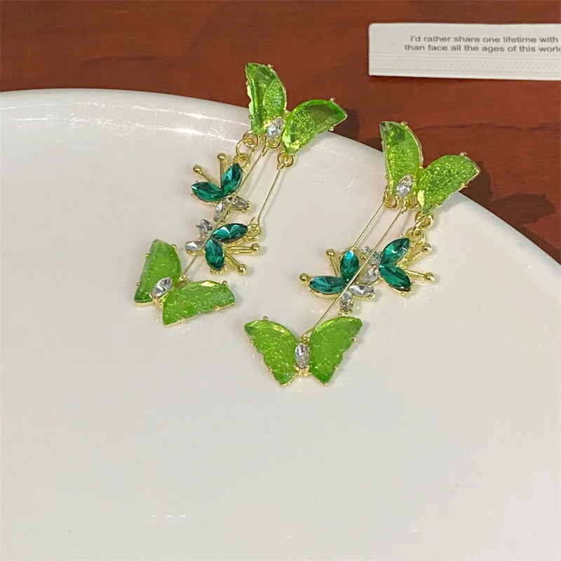 New Trendy Green Zircon Butterfly Earrings for Women Light Luxury Sweet Long Tassel Earrings Aesthetics Wedding Party Jewelry