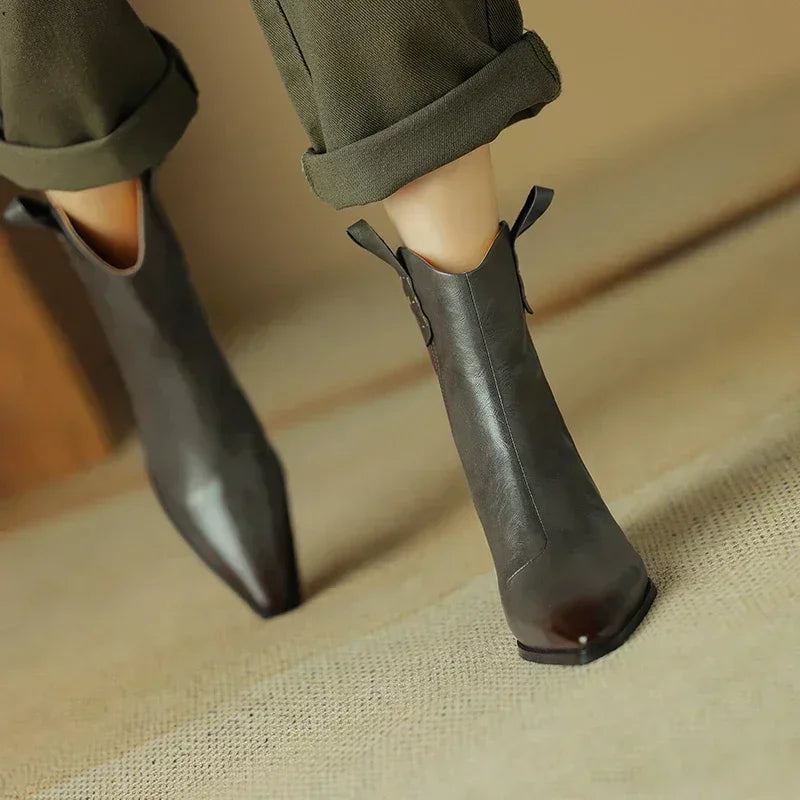 2026 Autumn/winter Women Boots Genuine Leather Western Boots Women Shoes Pointed Toe Chunky Heel Chelsea Boots Retro Ankle Boots