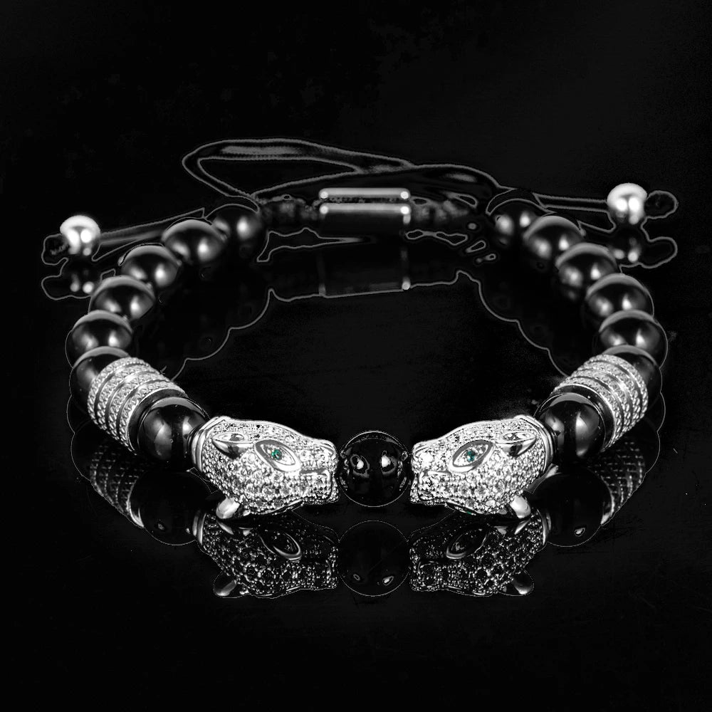 New Trend Double Leopard head Handmade tiger's-eye Bracelets  Accessories Handmade Men's Jewelry Pulseras homme