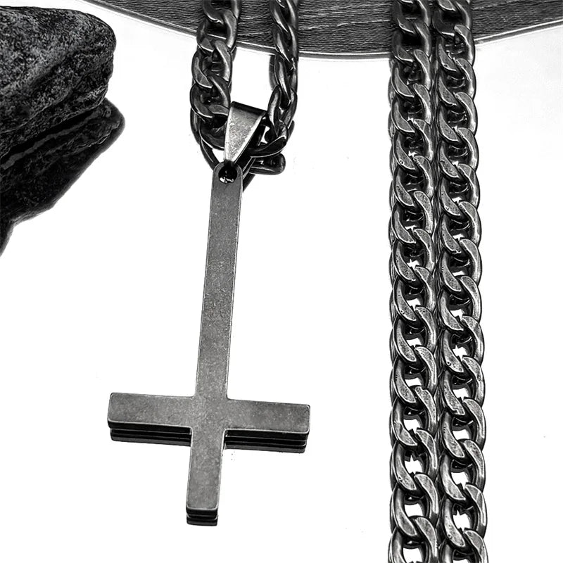 Stainless Steel Upside Down Cross Witchcraft Pagan Necklace Inverted Cross Black Chain Necklace Jewelry cruz invertida N8374S03
