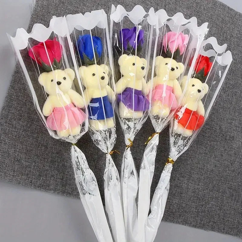 5PCS Artificial Rose Bear Flowers Soap Bouquet Set Lovely Flower Gift for Mother's Day Valentine's Birthday Wedding Home Decor