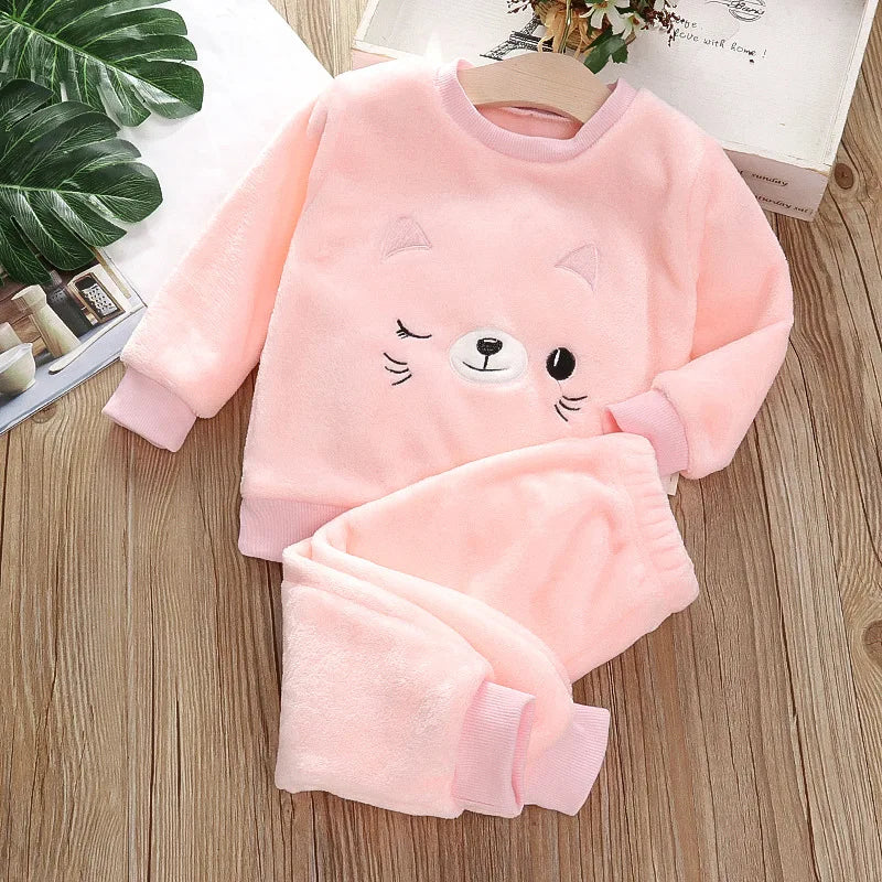 Baby Flannel Home Wear Set Infant Toddler Pajamas Boys Girls Thicken Coral Velvet Cartoon Pattern Top +Pants Two-piece Suit