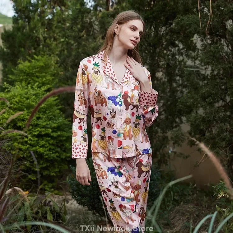 Spring and Summer 2023 New Ice Silk Pajamas Women's Long-sleeved Silk Lapel Home Suit Fashionable Ins Style