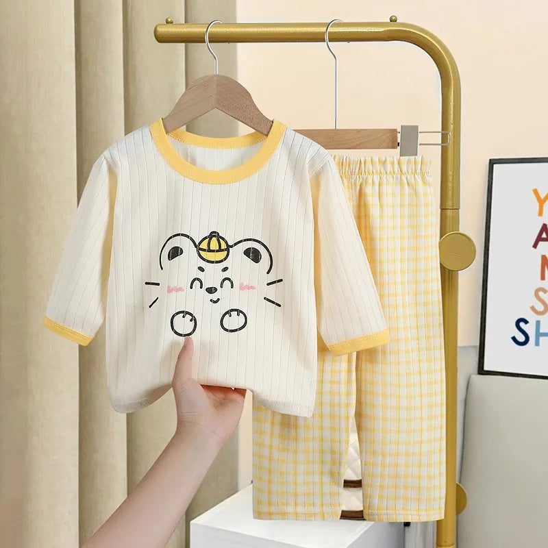 Printed Cartoon Cotton Home Clothes Two Piece Set Autumn Children Clothing Long Sleeve Suit Baby Girl Boy Underwear Set Pajamas