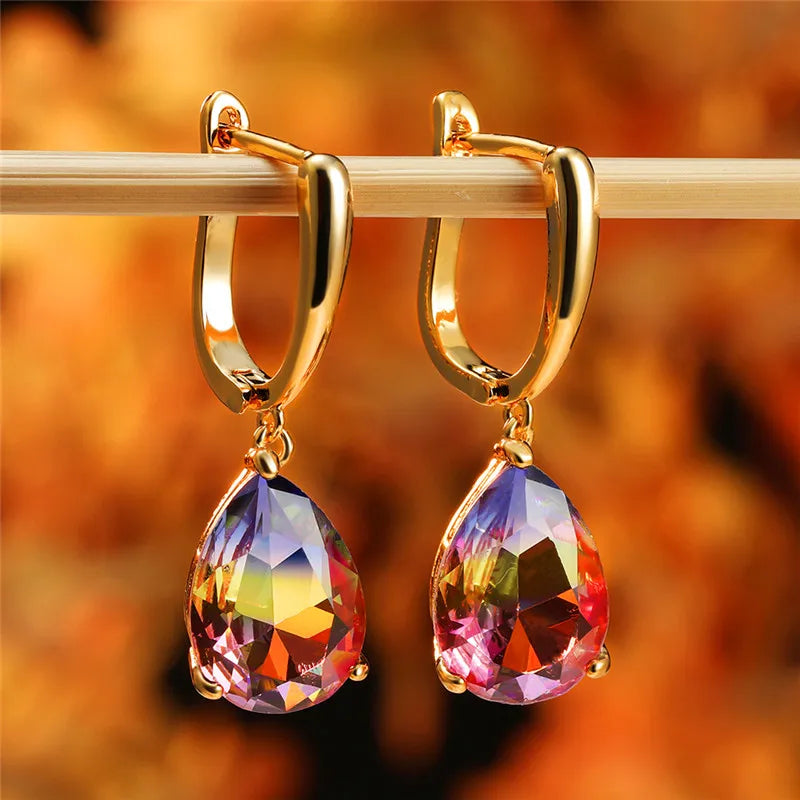 Cute Rainbow Zircon Stone Hoop Earrings For Women Female Gold Color Wedding Jewelry Gift