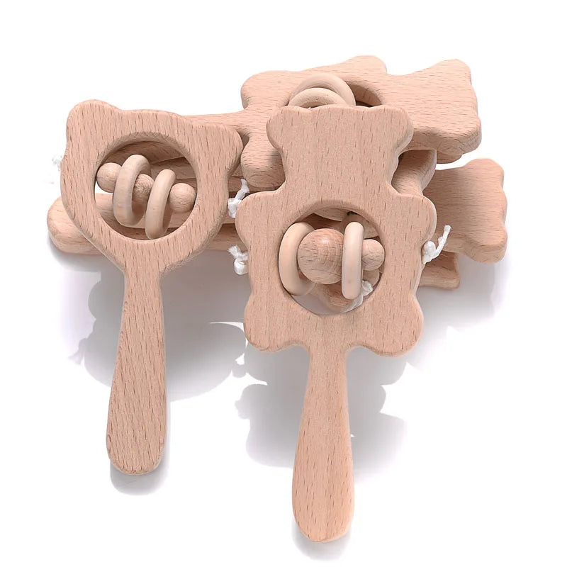 1Pcs Baby Wood Teether Rabbit Owl Beech Wooden Ring Teether Nursing Pendant Baby Animals Rattles Chew Toys Accessories