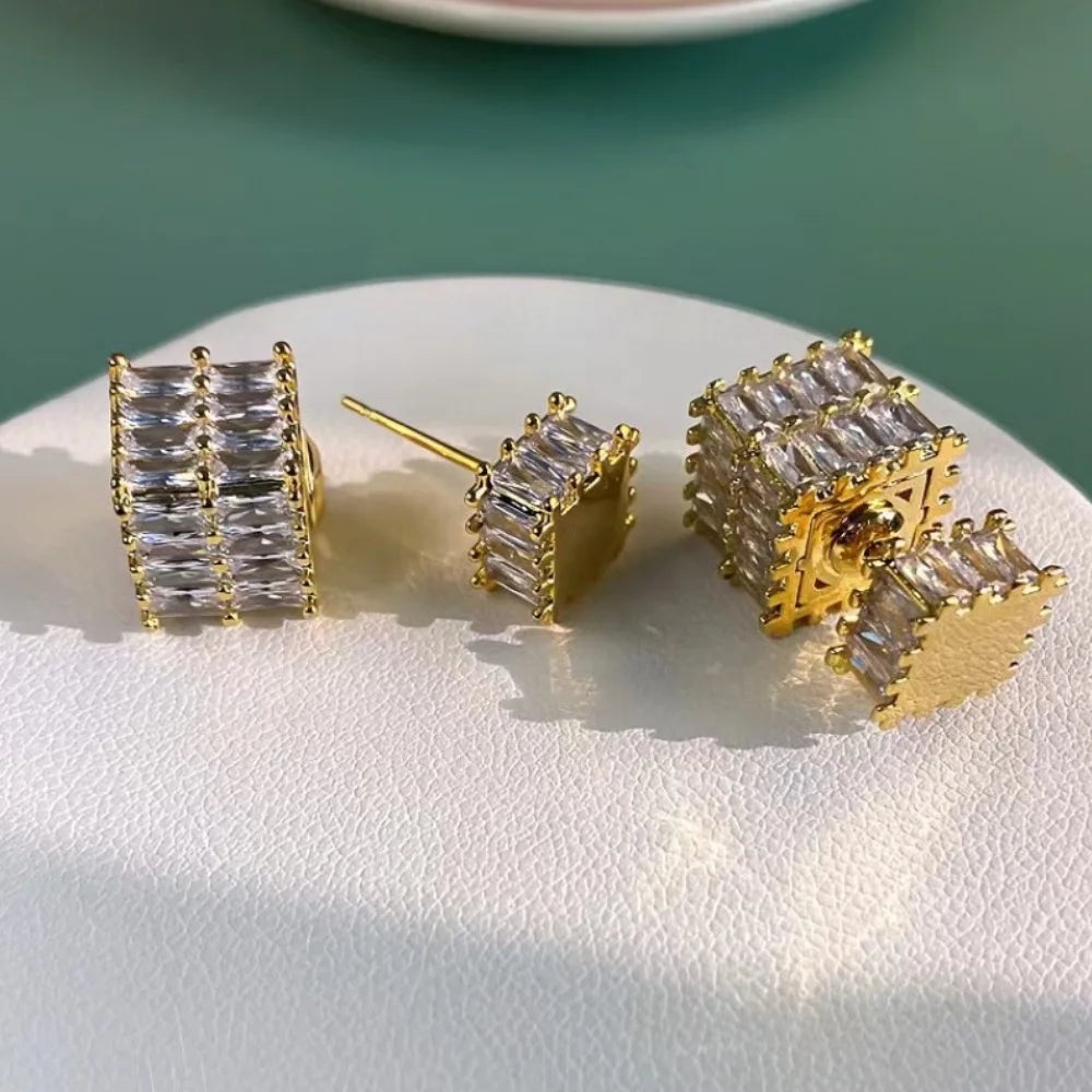 High Quality Earrings Sparkling Zircon Jewelry, women's Square Golden Earrings women's Luxury Jewelry Cute Girls Christmas Gifts