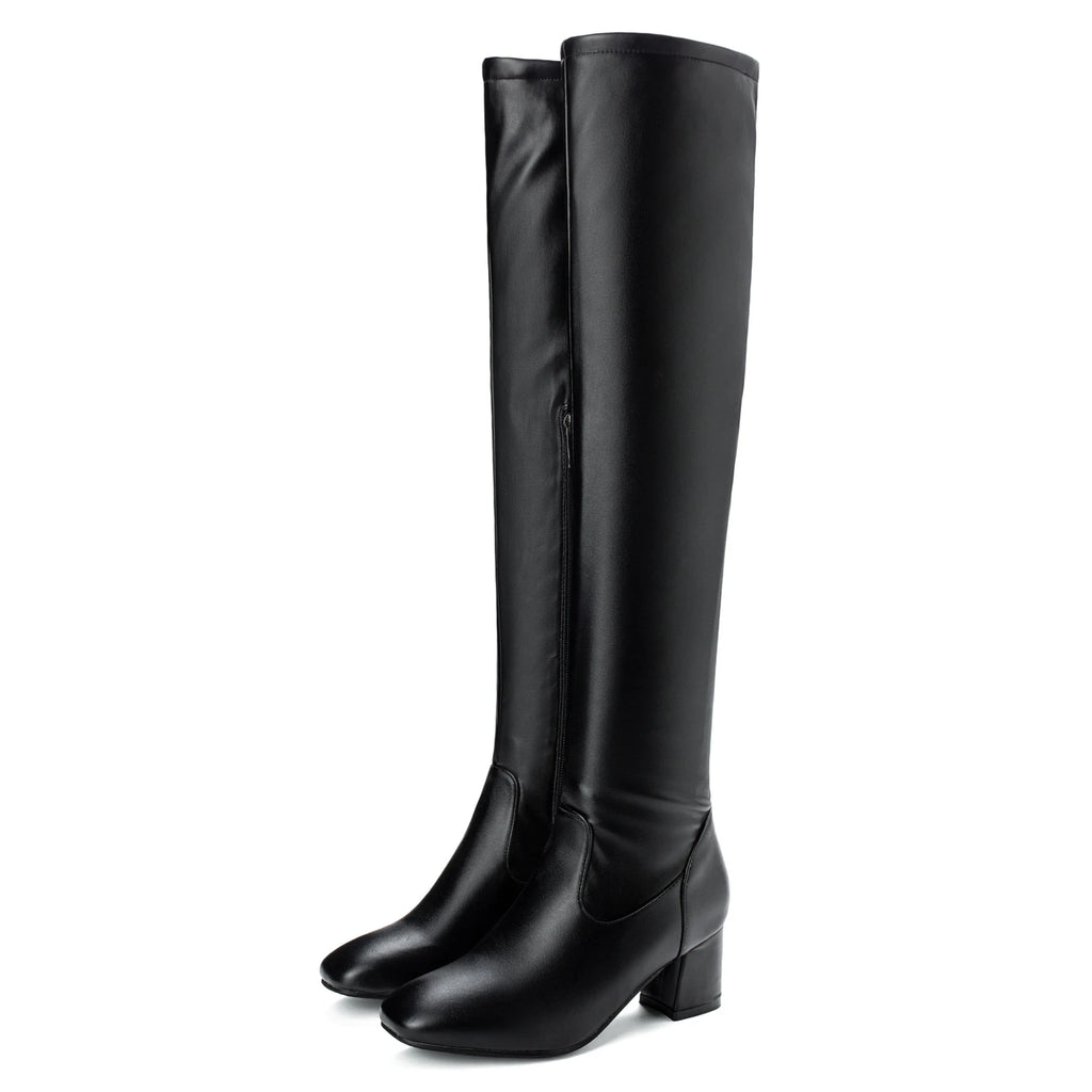 2026 Fashion Knee High Boots Women Winter Boots Square Loe Heel Long Boots Square Toe Zipper Autumn Female Boots Black White