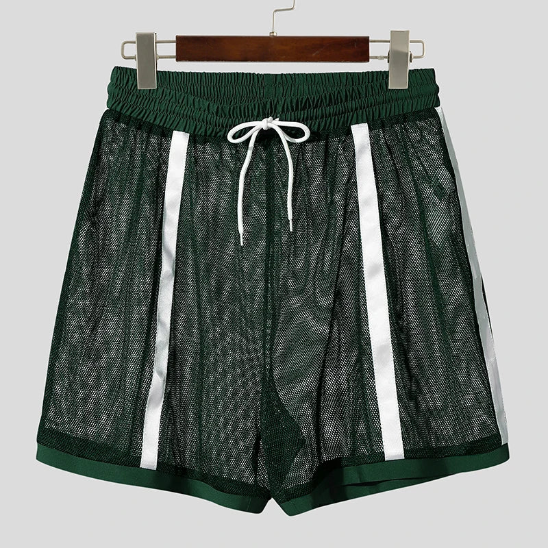 INCERUN Men Shorts Mesh Patchwork Drawstring Loose Transparent Male Shorts Streetwear Summer 2025 Sexy Vacation Men Bottoms