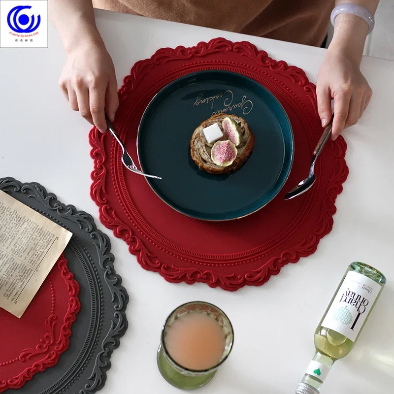 ins retro baroque relief banquet silicone lace placemat thermal insulation anti-scalding plate bowl vase mat
