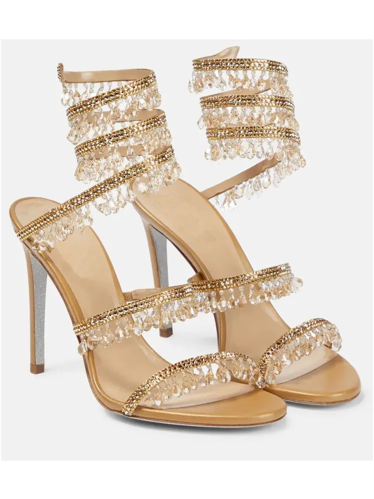 2025 Summer New Colored Diamond Women's High Heel Sandals Water Diamond Fashion Silver Sole Party Party Party High Heel Shoes