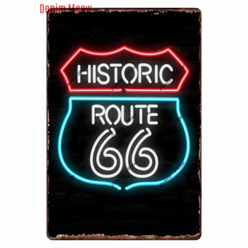 Mother Road Vintage Metal Sign Plate, New Style, Route 66, Old Route 66, Neon Light Effect, Mancave home Decor, WY14