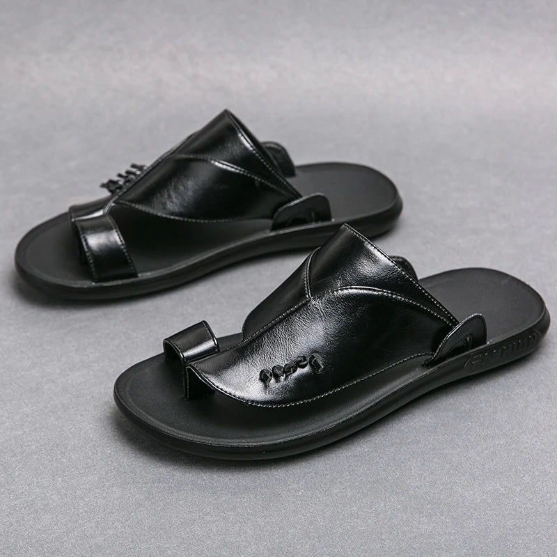 Vintage Red Men's Leather Slippers 2024 Comfortable Slip On Sandals Men Summer Leather Man Flip Flops Outdoor sandalias hombre