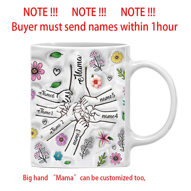 Personalized Kids Names Mug Customize 3D Effect Printing WITH Flowers Cup Holding Hands Coffee Mugs Mother's Day Gifts