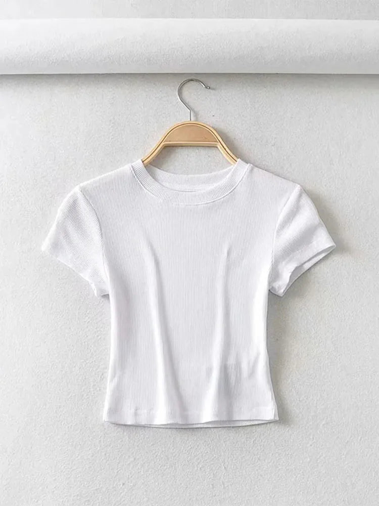 Summer Sexy Women O-neck Short-sleeve T-shirt Solid Color Basic Slim Elastic Skinny Crop Tops