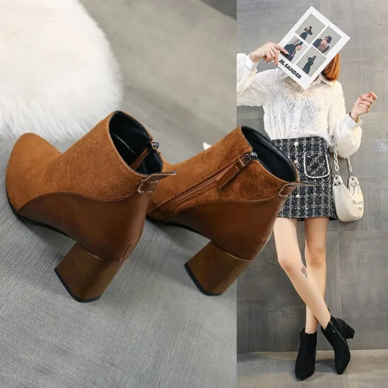 2026 Autumn/Winter Women Ankle Boots Pointed Fashion Short Boots Suede Panel Side Zipper Thick Heels Women's Shoes Large 44