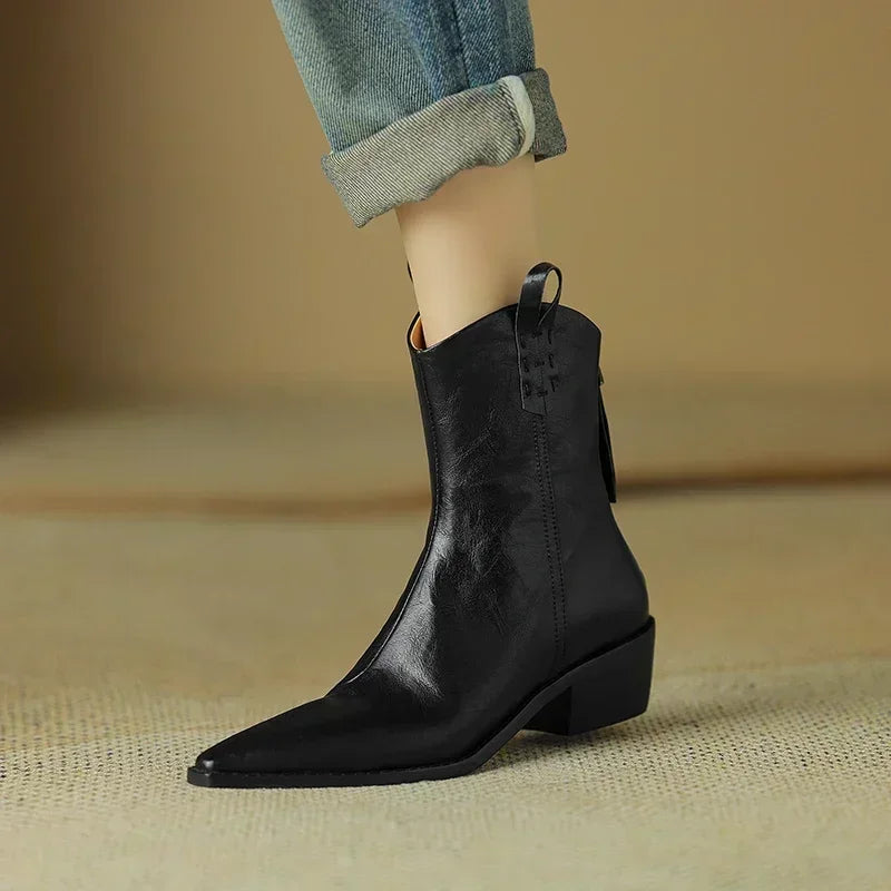 2026 Autumn/winter Women Boots Genuine Leather Western Boots Women Shoes Pointed Toe Chunky Heel Chelsea Boots Retro Ankle Boots