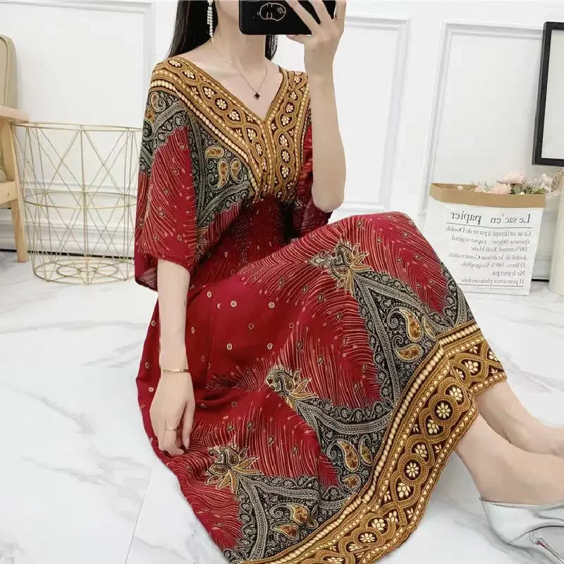 Vestidos Para Mujer Rope Robe Dress Women Casual Elegant Retro Bohemian V Neck Boho Korean Printed Summer Long Dresses Clothes